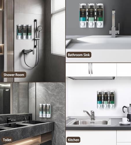 Luxspire Shampoo and Conditioner Dispenser, No Drill Wall Mounted Shower Soap Dispenser 3 Chamber with Waterproof Labels, Easy Refill Soap Dispenser for Bathroom Hotel Kitchen, Silver - color: Silver, size: 3 Chamber