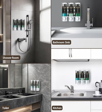 Luxspire Shampoo and Conditioner Dispenser, No Drill Wall Mounted Shower Soap Dispenser 3 Chamber with Waterproof Labels, Easy Refill Soap Dispenser for Bathroom Hotel Kitchen, Silver - color: Silver, size: 3 Chamber