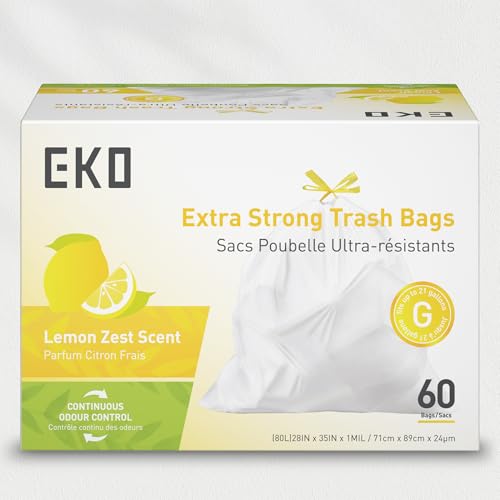 EKO 21 Gallon / 50-90 Liter, 60 Count Drawstring Trash Bags, Extra-Strong Garbage Bags, Lemon Zest Scent with Continuous Odor Control, Easy-Dispense Roll for Kitchen and Household Use, Code G, White - size: 60 Count (Pack of 1), style: 21 Gallon Bags/Code