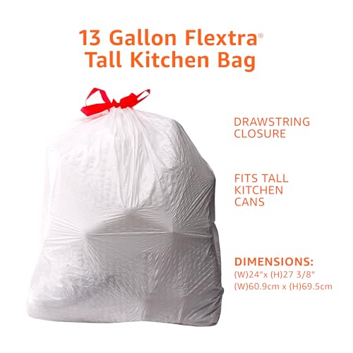 Amazon Basics 13 Gallon Tall Kitchen Drawstring Trash Bags, Flextra Strength, Tear Resistant, 10% Post Consumer Recycled, 50 Count, White - size: 50 Count