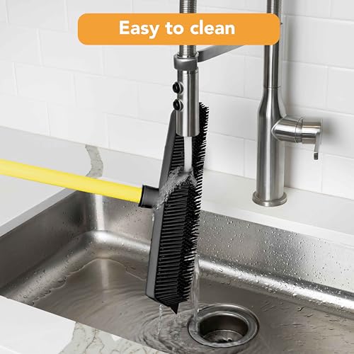 FURemover Sweep Pet Hair Rubber Broom with Squeegee and Attachable Microfiber Cloth and 47” Handle for Tile, Carpet and Hardwood