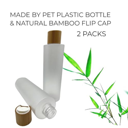 Empty Cosmetic Bottles 8oz/250ml 2 Pack with Bamboo Disc Top Flip Cap for Shampoo Lotion Liquid Soap,Cream,Refilable Plastic Squeeze Travel Size Toiletry Bottles Frost Clear - color: Frost Clear, size: 250ml/8oz 2Pack