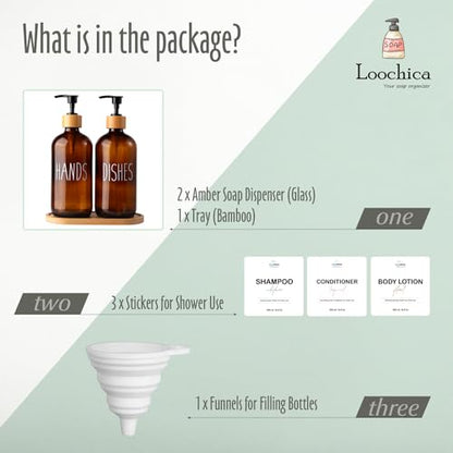 LOOCHICA Amber Glass Soap Dispenser Set with Tray, Amber Dish and Hand Soap Dispenser Set, Refillable Reusable Apothecary Soap Pump Dispenser Bottles for Bathroom and Kitchen - color: A04-2xamber