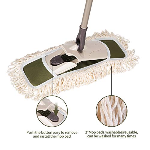 Eyliden Dust Mop, 2 Microfiber Pads, Home Commercial Cleaning, Quick Swap | 52.6" Adjustable Handle, 360° Swivel, Washable, Wet Dry Mops for Kitchen Hardwood Vinyl Tile Floor Cleaning, Push Dust Broom - color: Army Green