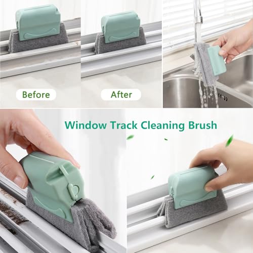 CRAFNEW Small Window Track Cleaning Kit, 20Pcs Multi-Purpose Household Cleaning Tools with Squeegee, Detail Brush & Reusable Microfiber Pads for Sliding Door, Glass, Bathroom Mirror, Auto Windshield