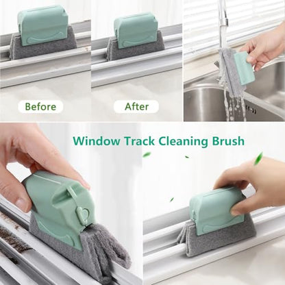 CRAFNEW Small Window Track Cleaning Kit, 20Pcs Multi-Purpose Household Cleaning Tools with Squeegee, Detail Brush & Reusable Microfiber Pads for Sliding Door, Glass, Bathroom Mirror, Auto Windshield