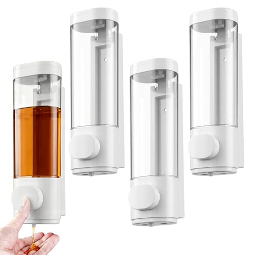 Junkin 4 Pcs Manual Bathroom Wall Mounted Soap Dispenser, 300ml White Kitchen Bathroom Commercial Shower Clear Refillable Soap Dispenser Clear Plastic Refillable Liquid Lotion Pump and Organizer - color: White