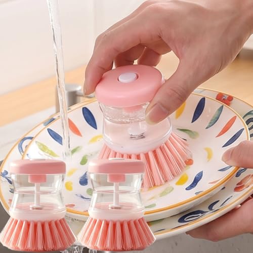 2 Pack Dish Brush with Soap Dispenser for Dishes Pot Pan Kitchen Sink Scrubbing Easy to Clean Kitchen Utensils,Pink - color: Pink