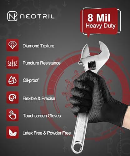 NEOTRIL 8 Mil Heavy Duty Disposable Nitrile Gloves with Diamond Texture Grip Rubber Gloves Latex & Powder Free - color: Box of 50 / Black, size: X-Large