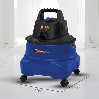 Koblenz WD-6 L212 Wet Dry Vacuum Cleaner, 6 Gallon, 4.5 PHP, 3-in-1 Suction & Blower, 16 ft Reach, Big Cleaner for Car, Shop Vacuum Wet and Dry, Swivel Casters, Black/Blue - size: 6 Gallon 4.5 HP
