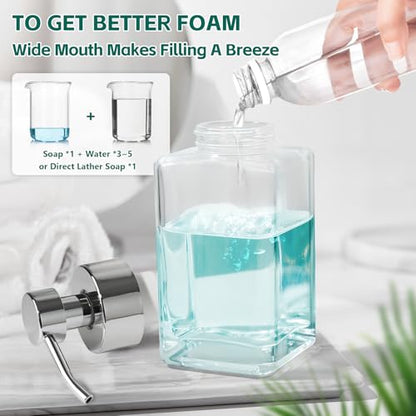 Foaming Soap Dispenser, 12oz/350ml Glass Hand Soap Dispenser Set, Refillable Foam Dispenser with Foaming Pump, Labels, Square Hand Dispenser for Bathroom, Kitchen 2 Pack - color: Clear Bottle+silver Pump