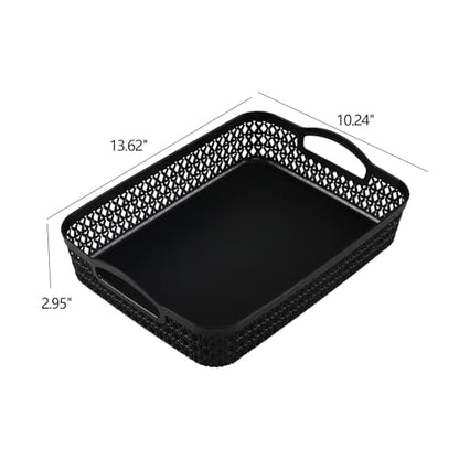 Set of 6 Large Plastic Storage Basket Tray, Black Shallow Paper Basket with Handle