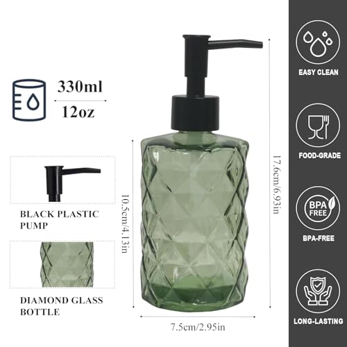 12Oz Small Glass Soap Dispenser with Black Plastic Pump, Green Refillable Kitchen Countertop Liquid Hand Soap Dispensers with Diamond Design, Crystal Bathroom Lotion Bottle for Dispense Dish Soap - color: Green Diamond