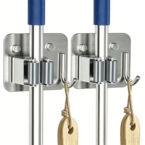 2 Pack Broom Holder Wall Mount, 304 Stainless Steel Mop Organizer with Hooks, No Drill Adhesive and Screw Installation, Rust Proof Storage Rack for Garage, Laundry, Garden, Silver - color: A-Silver, size: 2PCS Gripper