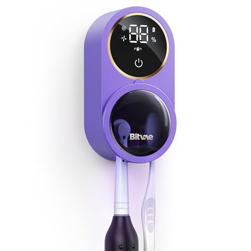 Bitvae Tooth Brush Holder for Bathroom, Infrared Sensing Toothbrush Cleaner, Wall-Mounted for Any Size Toothbrushes, Air Drying, LED Smart Screen, Purple - color: Purple