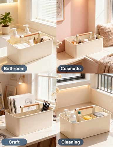 Caddy Organizer with Wooden Handle, Metal Utensil Caddy with 4 Compartments, Picnic Caddy Paper Plate Organizer Utensil Holder for Party - color: Cream