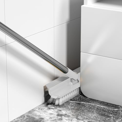 Grout Scrub Brush with 42" Long Handle Double-Sided Floor Scrub Brush V-Shape Grout Cleaner with Squeegee 180° Rotating for Tile Floors, Baseboards, Wall - color: White