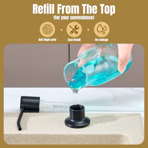 Built in Soap Dispenser for Kitchen Sink Countertop, Matte Black Stainless Steel Soap Dispenser Pump Head Refill from the Top with 11 Ounce Transparent Soap Bottle - color: Black