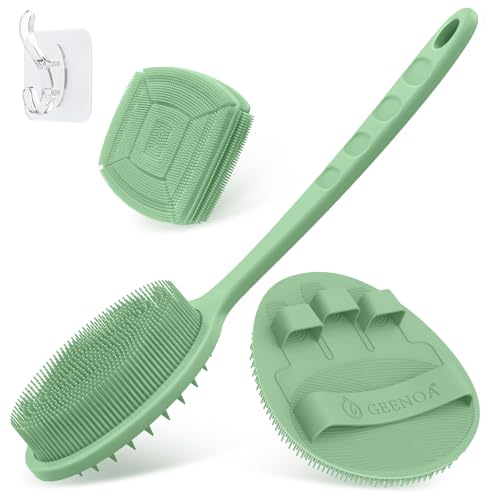 Silicone Back & Face Scrubber & Bath Glove Set 3PCS, 13.4'' Gentle Back Scrubber with Dual-Side Head, 360° Anti-Slip Bath Glove, Unique Side-bristled Face Scrubber for All-round Cleaning(Green) - color: Green*3