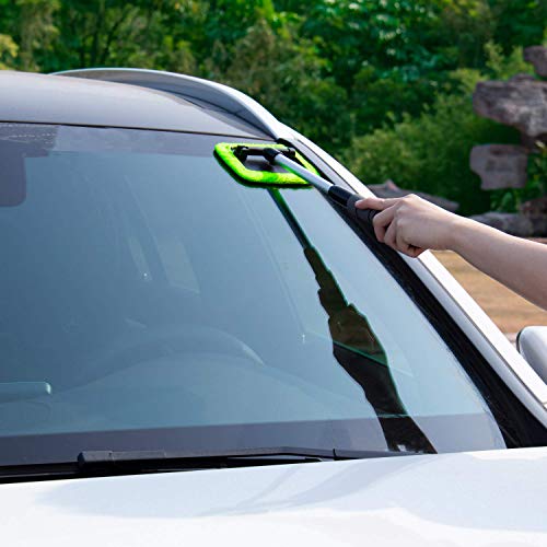 XINDELL Windshield Cleaner Tool – Car Window Cleaning Tool Extendable Handle for Easy Cleaning, 9pcs Reusable Microfiber Pads, Streak-Free Interior & Exterior Auto Glass Cleaner (Green) - size: 17in