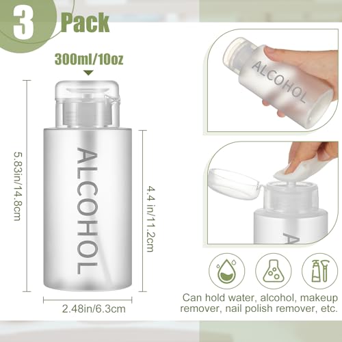 Layhit 3 Pcs 10 oz Alcohol Pump Dispenser Bottles Alcohol Push Down Liquid Dispenser Empty Pumping Bottle Refillable Cosmetic Container for Personal, Salon, Nail Care (Clear Cap + Frosted Bottle) - color: Clear Cap + Frosted Bottle