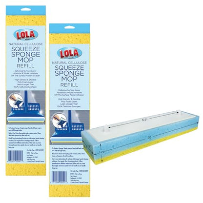 LOLA Squeeze Sponge Mop Refill, 2 Pack, w/Foam & Natural Cellulose Layer, Absorbs and Wicks Moisture, only Fits LOLA Sponge Mop, 9" Head - size: 2 Pack