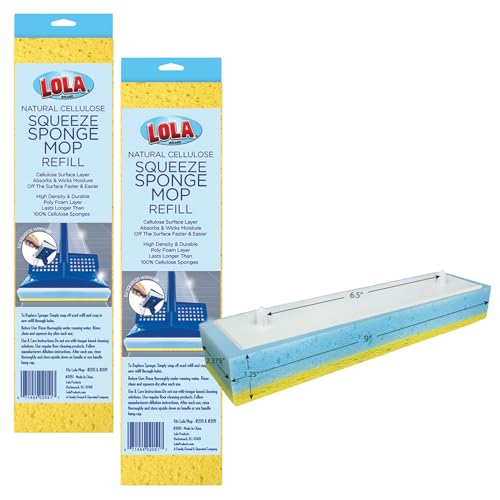 LOLA Squeeze Sponge Mop Refill, 2 Pack, w/Foam & Natural Cellulose Layer, Absorbs and Wicks Moisture, only Fits LOLA Sponge Mop, 9" Head - size: 2 Pack
