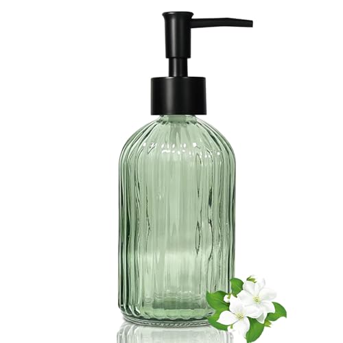 14 Oz Black Pump Glass Soap Dispenser, Green Stripe Countertop Refillable Liquid Bottle Hand Dish Lotion Dispenser with Plastic Pump, for Kitchen, Bathroom - color: Green