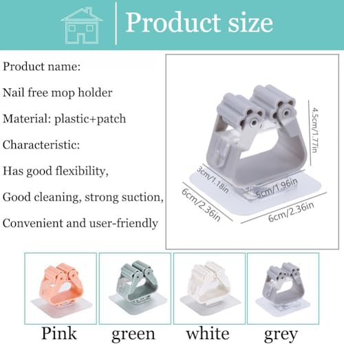 Broom and Mop Holder Clip 4 Pcs Mop Broom Wall Mounted Heavy Duty with Plastic Hooks Hanger No Drilling Mop Gripper for Home Bathroom Kitchen (Gray) - color: Gray