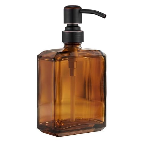 Amber Soap Dispenser Square Bottle and Oil Rubbed Bronze Pump, Glass Dish Soap Dispenser with Stainless Steel Pump, 13.5 oz Lotion Dispenser for Bathroom, Kitchen Countertop - color: Amber Bottle With Oil Rubbed Bronze Pump, size: 13.5oz-Square