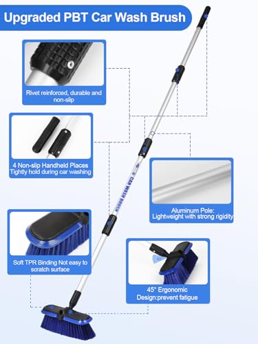 Car Wash Brush with Long Handle 62"/156cm Telescoping Mop Pole 10" /25.4cm Larger Soft Bristle Head for RV Truck SUV Window Glass Tyres Boat Floor Deck House Siding Wall Snow Removal Cleaning Tool