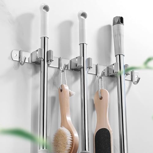 Broom and Mop Holder Wall Mounted, Broom Hanger Storage Rack, Stainless Steel Mop Hanger, Dustpan Holders with 2 Racks and 3 Hooks, Heavy Duty utility hooks for hanging brooms and mops (1Pcs)
