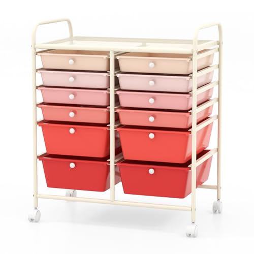 COSTWAY 12-Drawer Rolling Storage Cart, Moveable Art Craft Organizer W/Lockable Wheels, Metal Shelf, Files Arrangement Tools Makeup Storage Cart for Office, Home, School, Mixed Pink - color: Mixed Pink, size: 12 Drawer