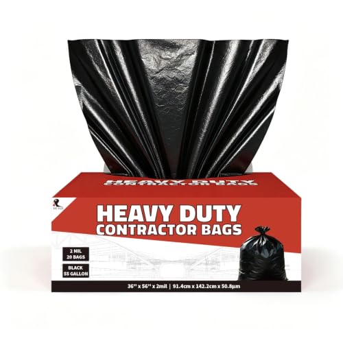 55 Gallon 2 Mil Heavy Duty Trash Bags, HUOJI 20 Count 36'' x 56'' Black Plastic Bags for Contractor, Industrial, Commercial, Yard