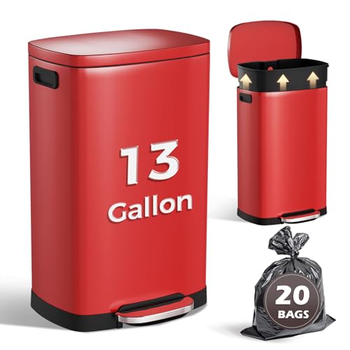ELPHECO LPHECO Kitchen Trash Can with Lid Soft Close, 13 Gallon / 50L Stainless Steel Pedal Garbage Can, Heavy-Duty Step Wastebasket with 20 Bags, Removable Bucket, Home Office, Kitchen, Scarlet Red - color: Scarlet Red