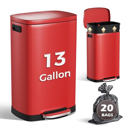 ELPHECO LPHECO Kitchen Trash Can with Lid Soft Close, 13 Gallon / 50L Stainless Steel Pedal Garbage Can, Heavy-Duty Step Wastebasket with 20 Bags, Removable Bucket, Home Office, Kitchen, Scarlet Red - color: Scarlet Red