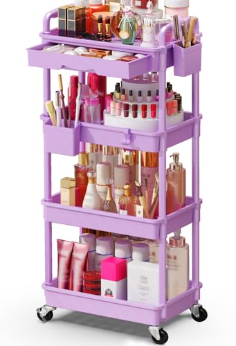SUNALLY Makeup Cart Organizer with Drawers, 4 Tier Floor Skincare Organizers for Vanity, Rolling Makeup Bathroom Storage Cart Cosmetics Display Cases for Skin Care Perfume Nail Polish, Purple - color: Purple, size: 4 Tier