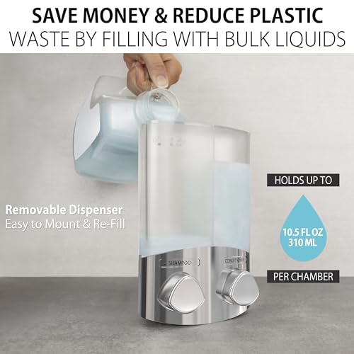 Better Living EURO Shower Dispenser Wall Mount Shower Soap Dispenser for Bathroom Hotel Body Wash, Corner or Flat Wall Shower Shampoo Dispenser, Built-in Hooks, 2 x 10.5 oz, Chrome, 2-Chamber - size: 2-Chamber