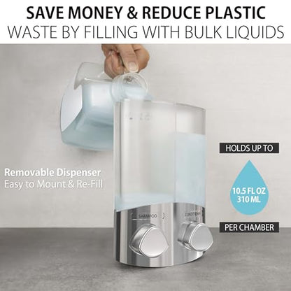 Better Living EURO Shower Dispenser Wall Mount Shower Soap Dispenser for Bathroom Hotel Body Wash, Corner or Flat Wall Shower Shampoo Dispenser, Built-in Hooks, 2 x 10.5 oz, Chrome, 2-Chamber - size: 2-Chamber