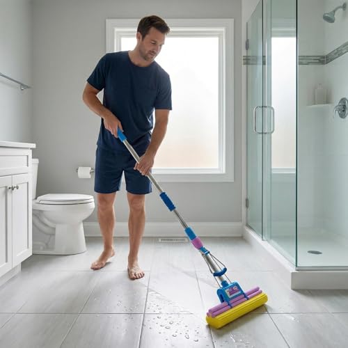 Sponge Mop with Extendable Stainless Steel Handle - Absorbent for Bathroom, Kitchen, Glass, Living Room Hardwood, Tile, Laminate Floors - Easy Lever Squeeze for Dry & Wet Floors