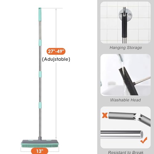Pet Carpet Hair Rubber Broom with 49inch Long Handle, Portable Detailing Lint Remover, Soft Push Broom for Fluff Carpet, Hardwood, Tile, Window - color: Green