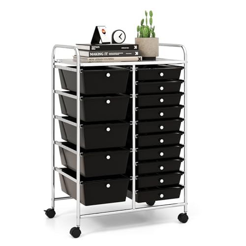 LDAILY 15 Drawer Rolling Storage Cart, Rolling Cart with Drawers for Classroom, Art Supply Craft Organizer on Wheel with Metal Frame & Handles for Home Office School - color: Black, size: 15 Drawer