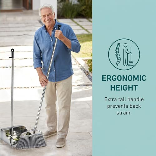 Stand Up Metal Dustpan & Stiff Bristle Broom Set–Heavy Duty for Yard, Patio | No-bend stand up design / Heavy duty metal dustpan with teeth / 4-layer stiff Bristle broom / For outdoor floor sweeping