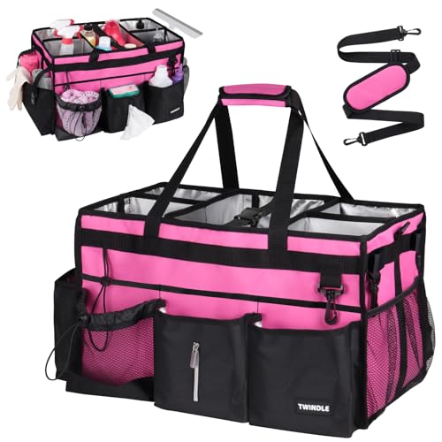 Large Cleaning Caddy Bag With Detachable Divider,Caddy Organizer With Handle,Cleaning Supply Storage With Adjustable Shoulder Strap & Waist Belt For Cleaners,Cleaning Housekeepers - color: Rose Pink, size: Large