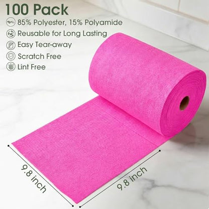 Microfiber Cleaning Cloth Roll - 100 Pack Tear Away Microfiber Paper Towels, Reusable, Washable, Scratch-Free, Kitchen Towels for Car, Home, Kitchen, Glass, Dishes (Hot Pink) - color: Hotpink