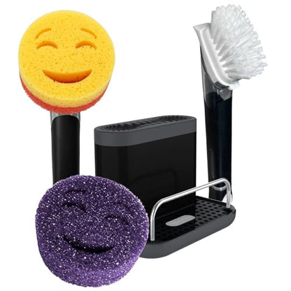 The Original Smiling Handle with Soap Dispensing for Scrub Daddy Sponges & Scrub Moji Sponges with Smilyeez Smile Caddy & Dishwand with 2 Scrub Brushes (Black) - style: Black with Brush Dishwand