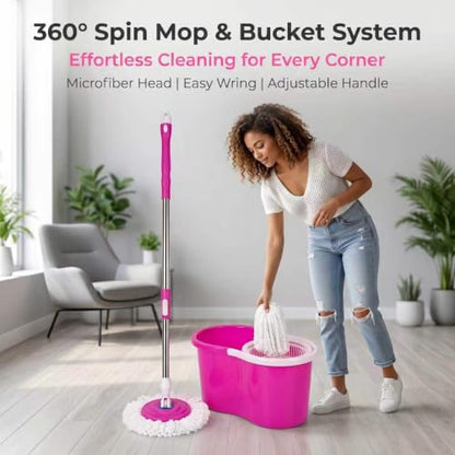 Universal Spin Mop and Bucket Set, 360° Rotating Self-Wringing Floor Cleaner, Microfiber Mop Head, Hands-Free Wringing, Pink