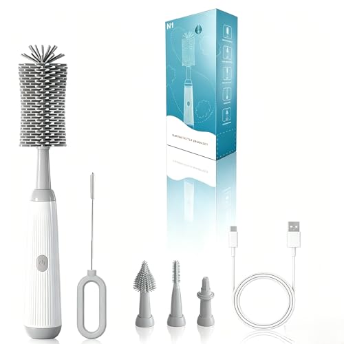 Electric Bottle Brush Set, 6-in-1 Electric Cleaning Brush with Waterproof Silicone Cleaner, 3 Replaceable Brush Heads, Straw Brush & Extension Rod, for Baby Feeding Supplies and Kitchen Utensils - color: Light Grey