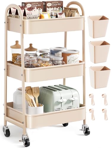 Beige 3 Tier Rolling Cart Metal on Wheels, Three Tiered Storage Organizer Utility Trolley with Wheels for Art, Craft, Baby Diaper Caddy, Snack, Book, Nail, Lash, Cleaning Supplies, Kitchen, Bathroom - color: Light Beige
