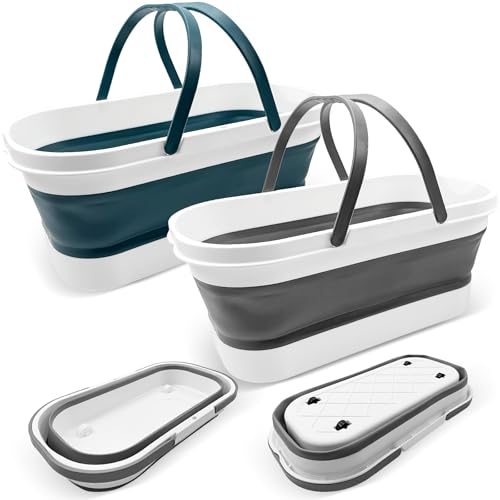 2 Pack Collapsible Plastic Bucket, Large Foldable Cleaning Mop Container, 3.17 Gal Rectangular Portable Water Pail with Handle for House Laundry Fishing Camping Car Washing Storage Green, Grey